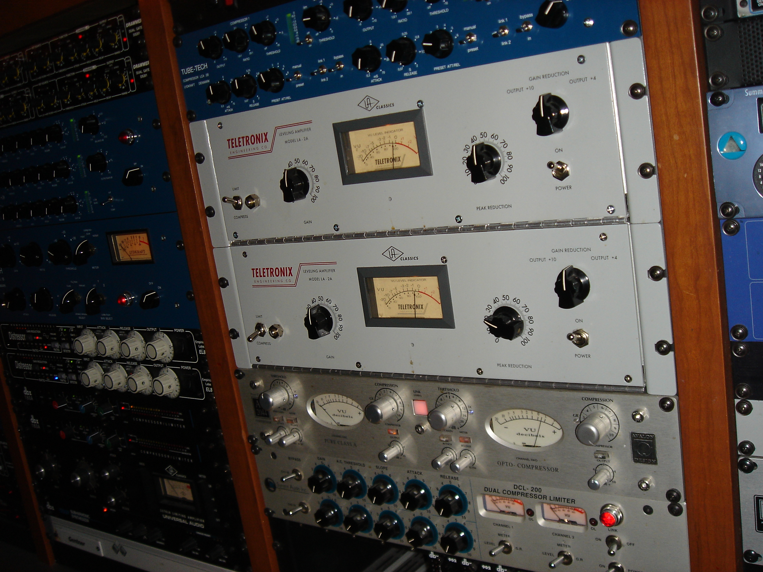 Teletronix LA-2A leveling amplifiers in outboard rack at PatchWerk Recording Studios, 2007